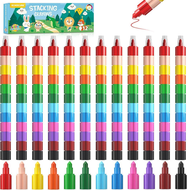 EchoCube Stacking Crayons 12 Pack Non-Toxic Colour Crayon Set Kids Adults Art