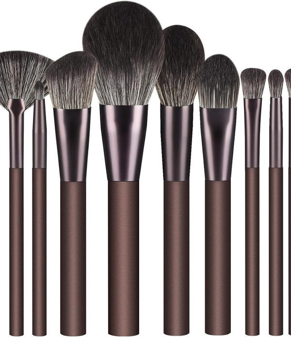 12-Piece Synthetic Makeup Brush Set (Coffee), Foundation/Eyeshadow/Concealer