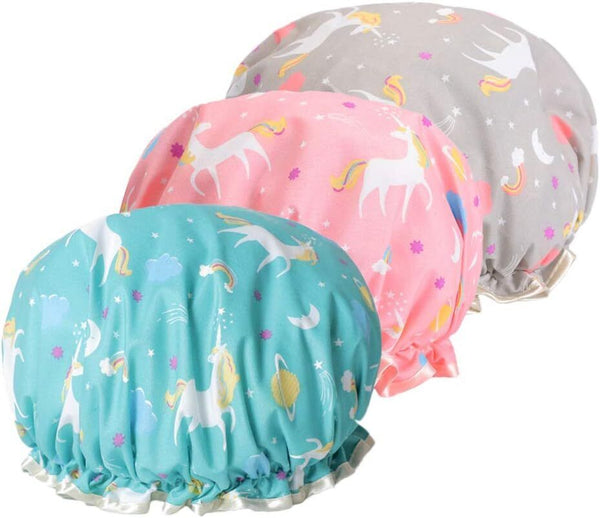 Shower Cap for Women Reusable Waterproof Bath Shower Caps Double Layer, 3 Pack