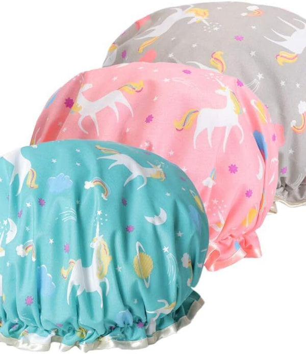 Shower Cap for Women Reusable Waterproof Bath Shower Caps Double Layer, 3 Pack