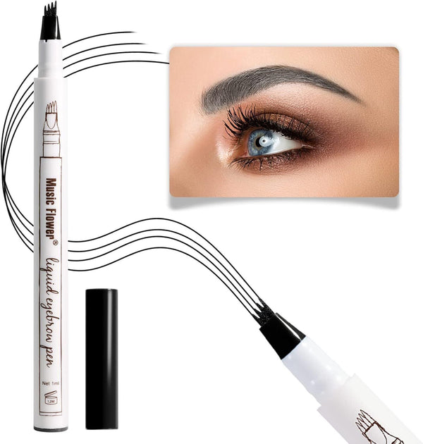 Music Flower Eyebrow Pencil Waterproof Brow Pen 4 Micro-Fork Tip, Chestnut
