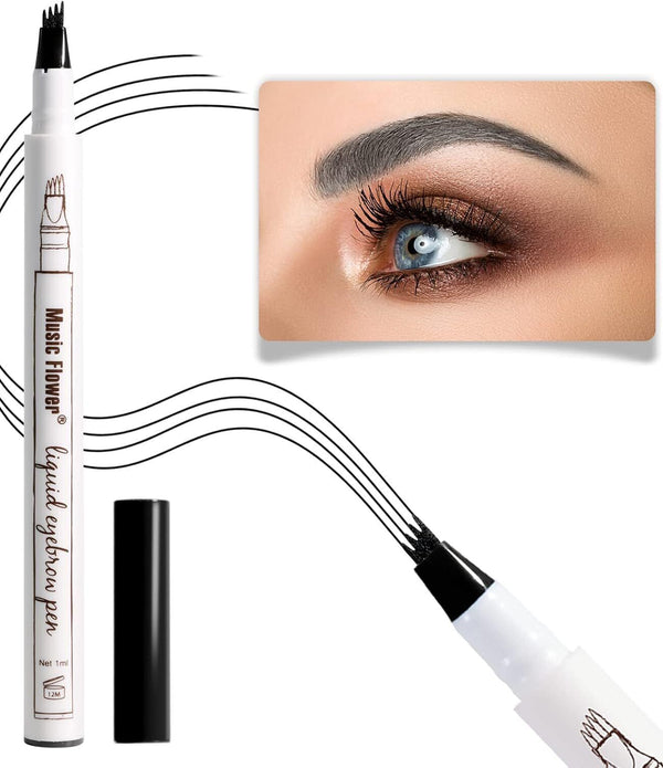 Music Flower Eyebrow Pencil Waterproof Brow Pen 4 Micro-Fork Tip, Chestnut