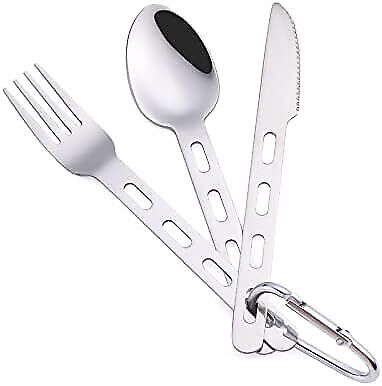 3-Pc Camping Stainless Steel Cutlery Set with Carabiner, QQ CAT, Travel Kit