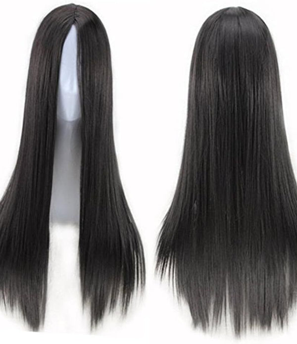 29.5-Inch Long Straight Black Synthetic Wig, Heat Resistant, for Cosplay & Party