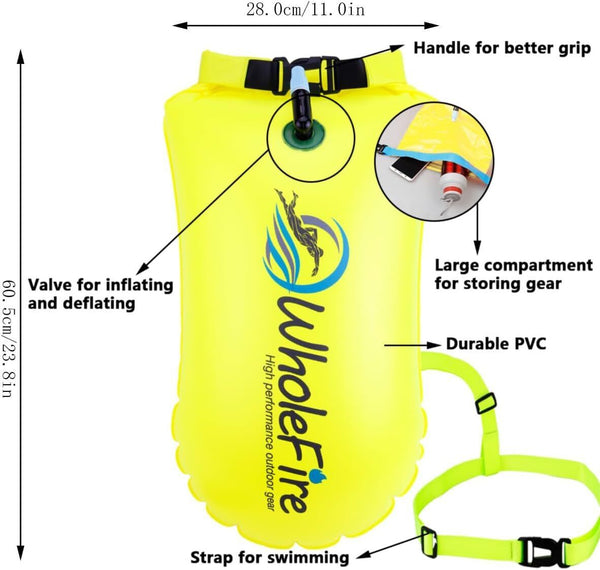 WholeFire 20L Swim Buoy Yellow Waterproof Inflatable Dry Bag Float Water Sports