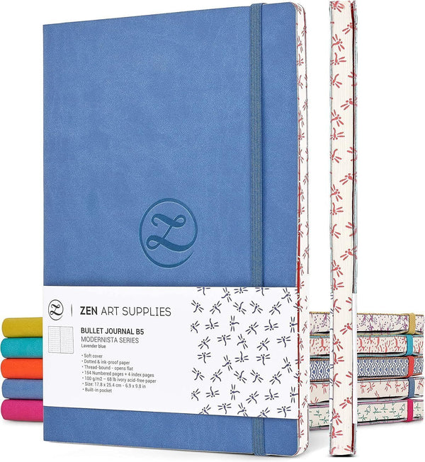 Large B5 Dotted Notebook - Faux Leather Blue Bullet Journal 7x10 Inch