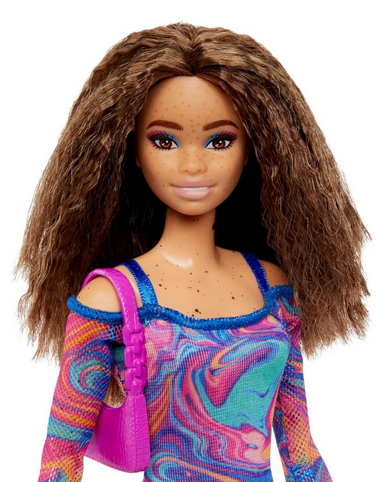 Barbie Fashionistas Doll #206, Crimped Hair, Rainbow Dress, Freckles