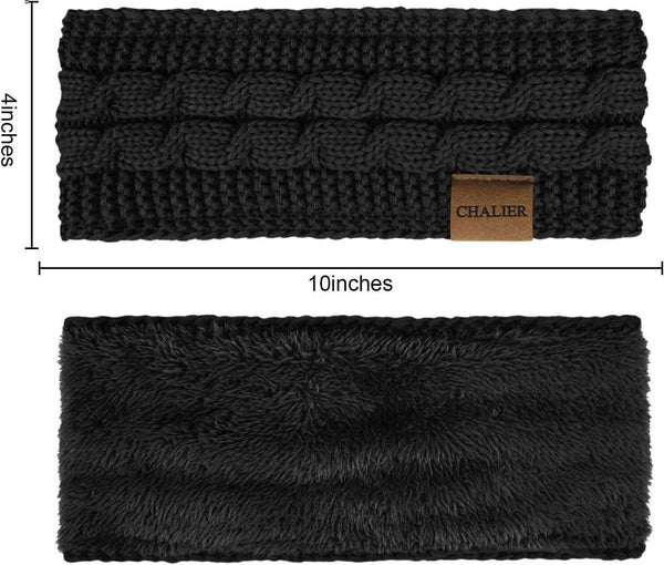 2x Winter Cable Knit Ear Warmer Headbands Thermal Twist - Black/Grey