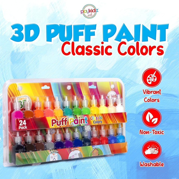 Playkidiz 3D Art Puff Paint for Kids 24-Pack - Non-Toxic Washable Paint