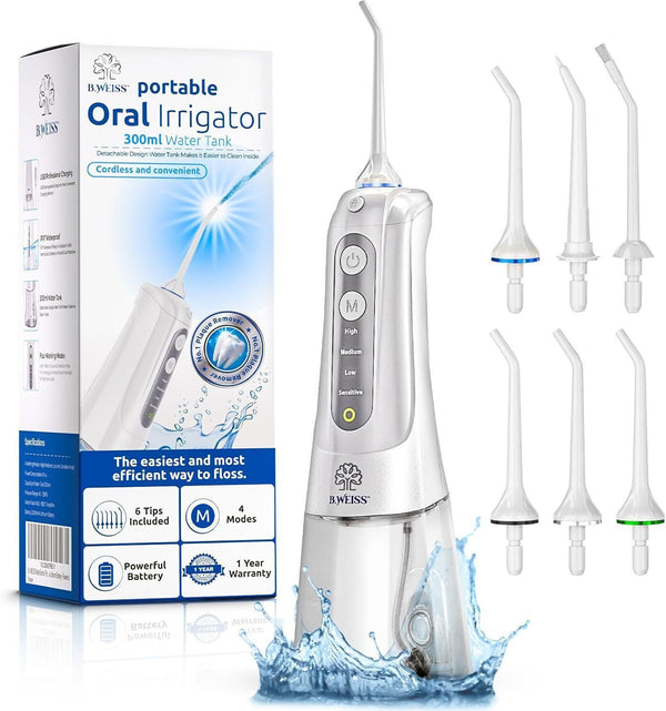 B Weiss Cordless Water Flosser, 4 Modes, 6 Tips, IPX7 Waterproof