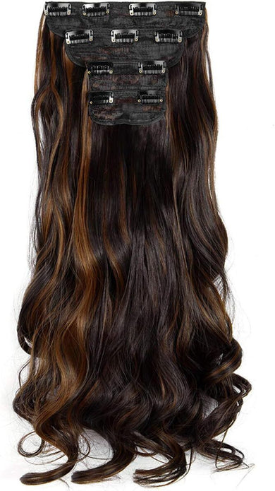 DODOING Clip-in Hair Extensions, 4 Pcs Wavy Thick Full Head, Dark Brown/Auburn