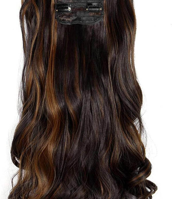 DODOING Clip-in Hair Extensions, 4 Pcs Wavy Thick Full Head, Dark Brown/Auburn