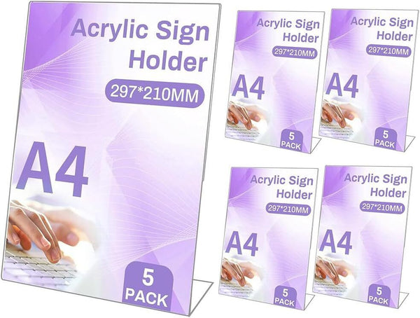 Lotvic A4 Acrylic Sign Holder 5-Pack L-Shape Clear Display Stand