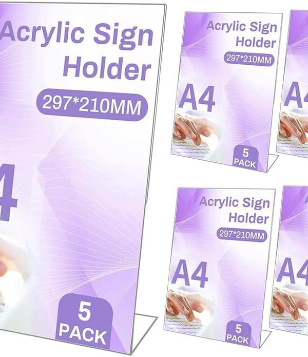 Lotvic A4 Acrylic Sign Holder 5-Pack L-Shape Clear Display Stand