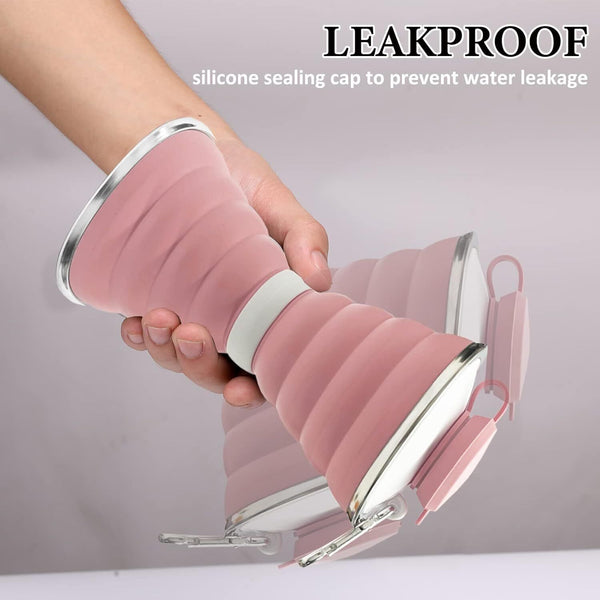 SAKUUMI 500ml Collapsible Silicone Water Bottle with Carabiner & Strap, Pink
