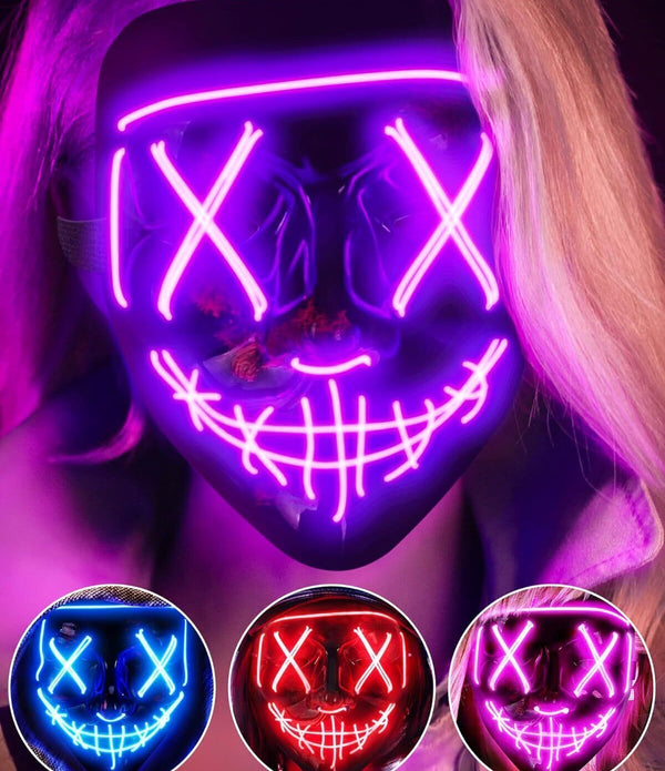 AnanBros LED Halloween Mask, Light Up Rave Face Mask 3 Modes Cosplay Purple