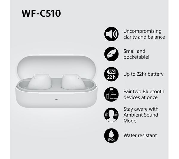 Sony WF-C510 Wireless Bluetooth Earbuds - White