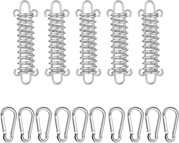 5 Buffer Springs & 10 Silver Carabiners Camping Tent Tension Spring Buckles Set