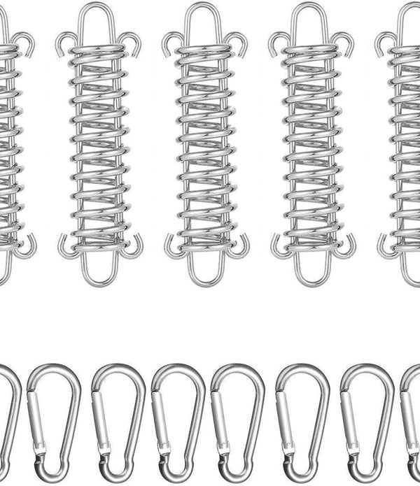 5 Buffer Springs & 10 Silver Carabiners Camping Tent Tension Spring Buckles Set