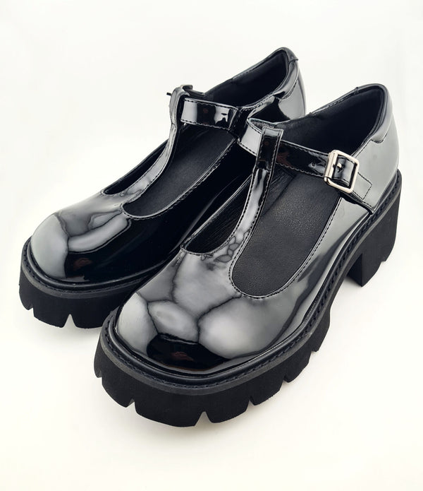 Women's Lug Sole Mary Jane T-bar Black Leather Loafers UK Size 3.5 Black