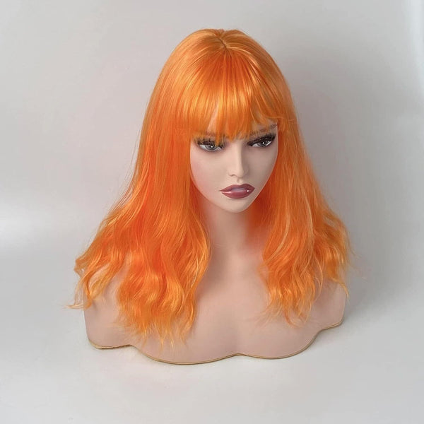 DTWa 15" Orange Curly Wig - Soft Synthetic, Air Bangs, Shoulder Length