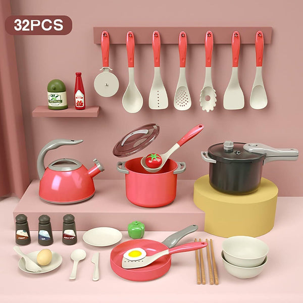 YOPOTIKA 32pcs Kitchen Pretend Playset - Red Cookware Toys for Kids 3-6