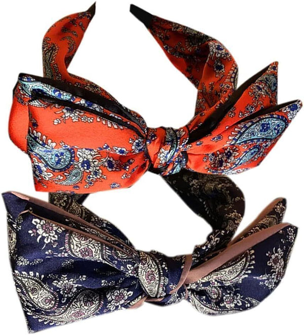 2x Boho Bow Tie Knotted Fabric Headbands Elastic Non-Slip Vintage - CashewRed