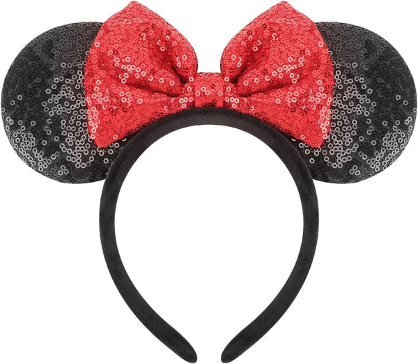 Sparkly Black Minnie Mouse Ears Alice Band Hair Headband Red Sequin Bow