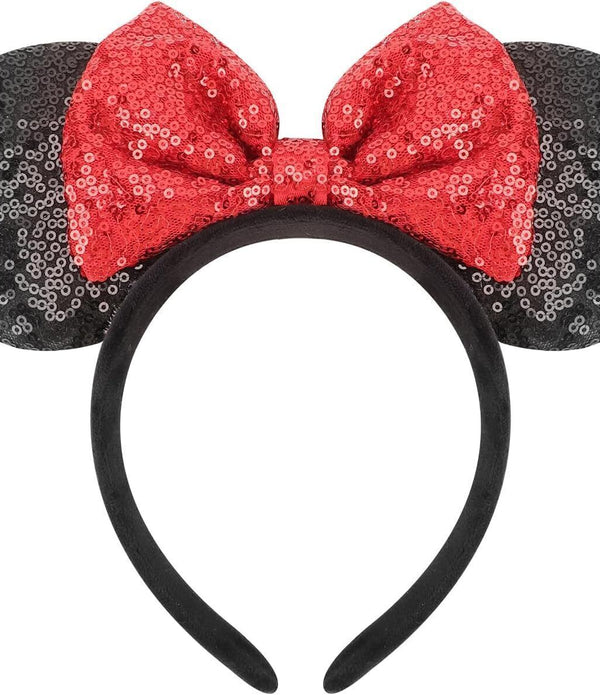 Sparkly Black Minnie Mouse Ears Alice Band Hair Headband Red Sequin Bow