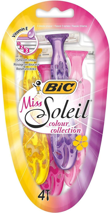 BIC Miss Soleil Colour Collection Lady Razors, Triple-Blade Razors, Pack of 4