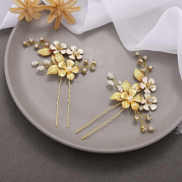 Handcess 2PCS Flower Bride Hair Pins  Gold Crystal Headpiece, Pearl & Leaves