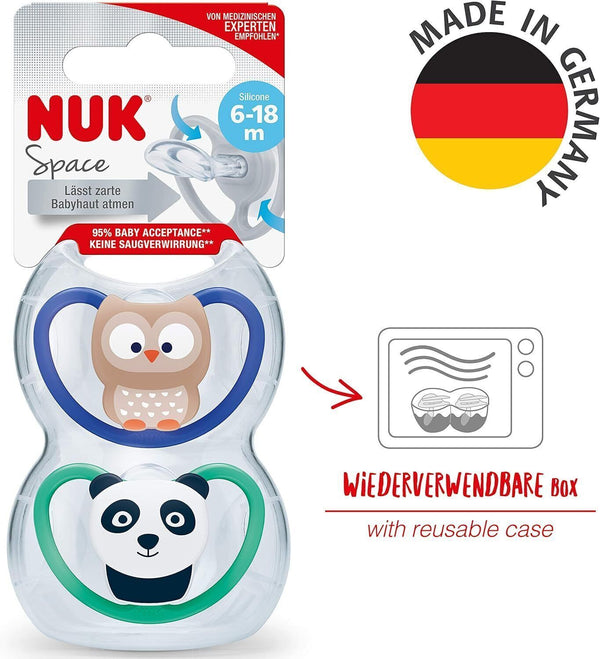 NUK Space Silicone Soother, 2-Pack Blue & Green Owl & Panda, for 6-18 Months