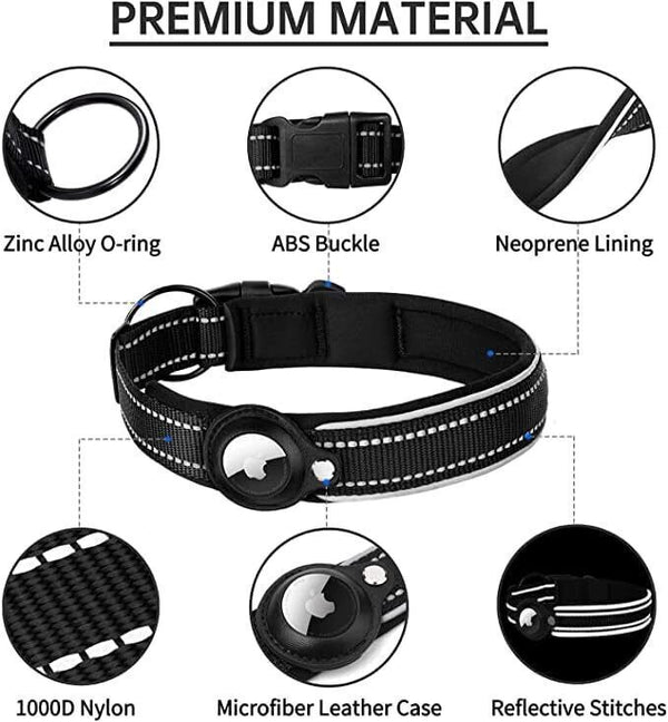 Airtag Dog Collar - Reflective Nylon, Adjustable, Large Black