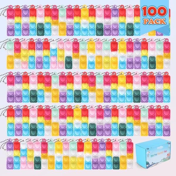 100 PCS Mini Pop Fidget Keyrings for Kids Heart Silicone Pop Keychain Party  