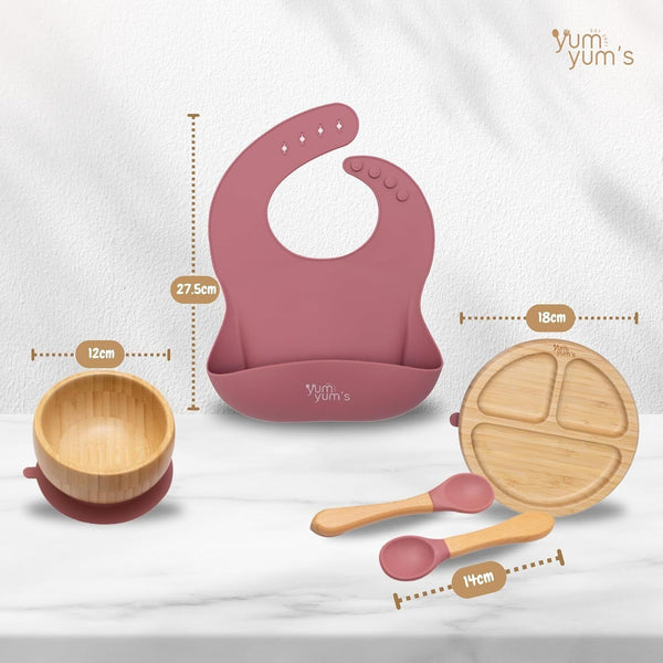 Yum Yum's Set of 6, Baby Feeding Set - Suction Silicone & Bamboo Plates