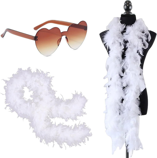 2pcs Feather Boas & Heart Rimless Sunglasses Set for Girls Women Party Costume