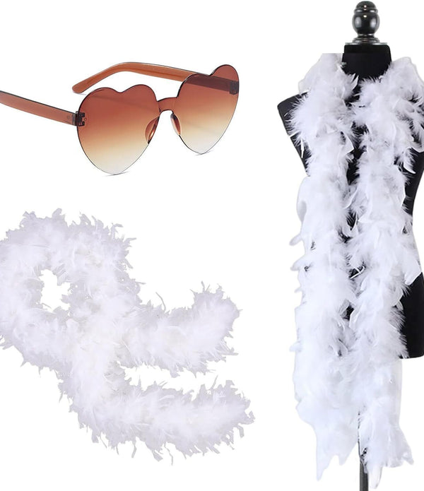 2pcs Feather Boas & Heart Rimless Sunglasses Set for Girls Women Party Costume