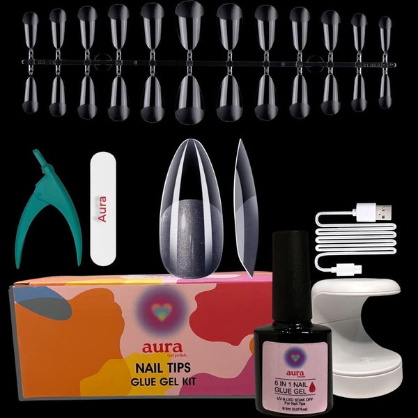 AURA Gel Nail Extension Kit  Gel Glue, 240 Tips, LED Dryer (Medium Almond)