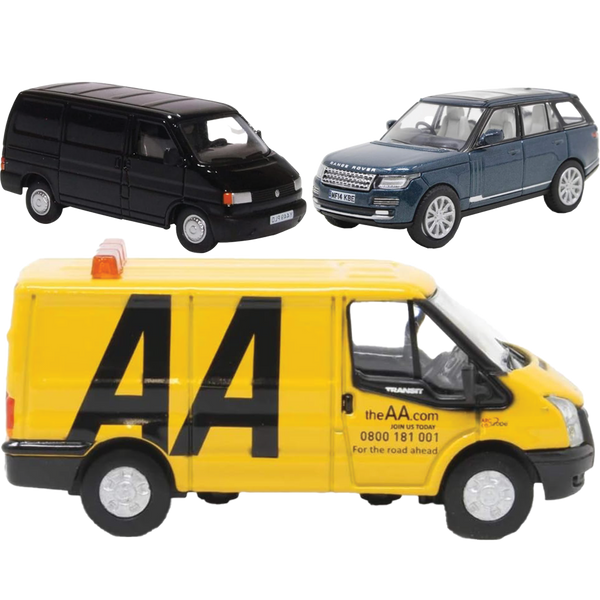 Oxford Diecast 3 Pack - Range Rover Vogue, VW T4 Van, Ford Transit MK5 AA Van