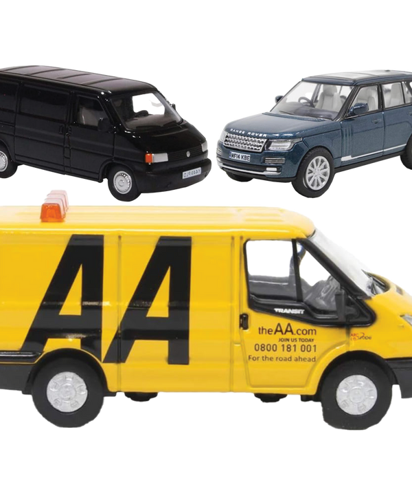 Oxford Diecast 3 Pack - Range Rover Vogue, VW T4 Van, Ford Transit MK5 AA Van