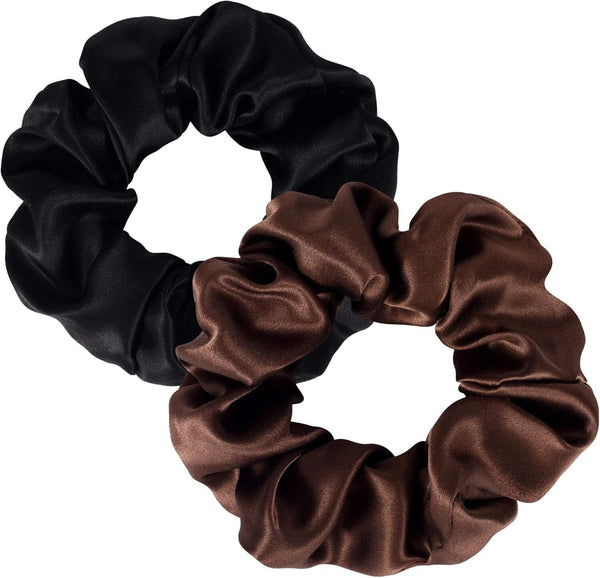 SILKIE 2-Pack Mulberry Silk Scrunchies with Travel Pouch, Coffee Black