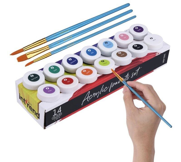 Int!rend Acrylic Paint Set + Brushes 14 Waterproof Paints for Crafts