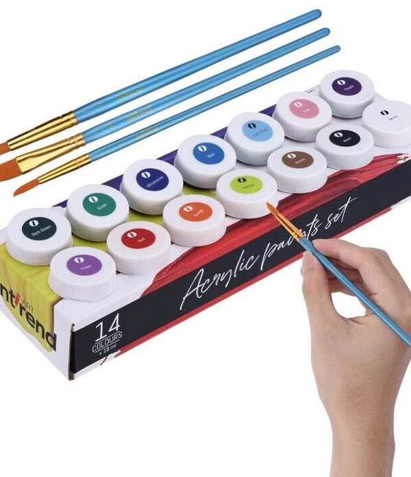 Int!rend Acrylic Paint Set + Brushes 14 Waterproof Paints for Crafts