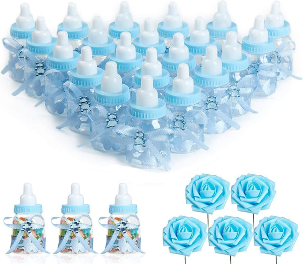 N&T NIETING Baby Shower Bottle Favors 24pcs + Roses Blue Candy Box