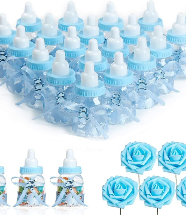 N&T NIETING Baby Shower Bottle Favors 24pcs + Roses Blue Candy Box