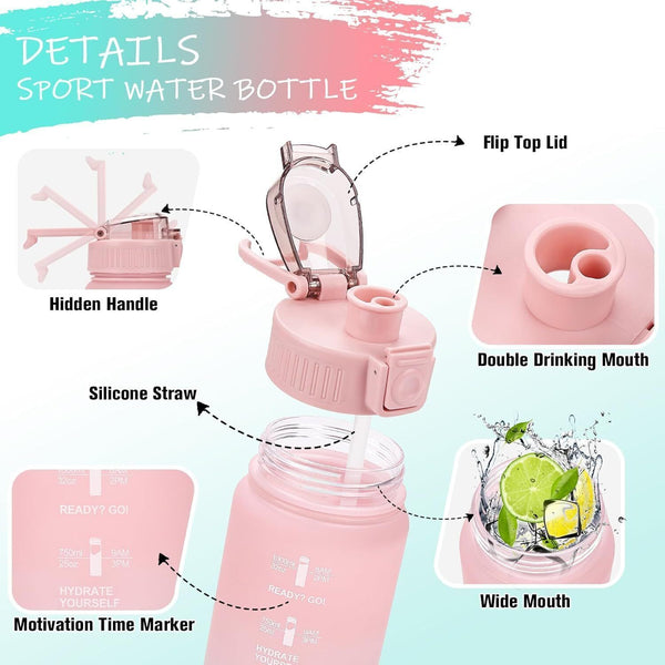 AOHAN 1L Leak-Proof Tritan Water Bottle Motivational Sports Bottle Pink Cyan