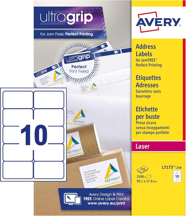 Avery Ultragrip Laser Labels 99.1x57mm White, Pack of 2500 L7173-250