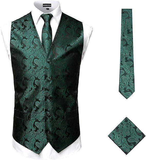 3pc Paisley Waistcoat Set, Wedding Prom Vest with Necktie - 3XL - GREEN BLACK