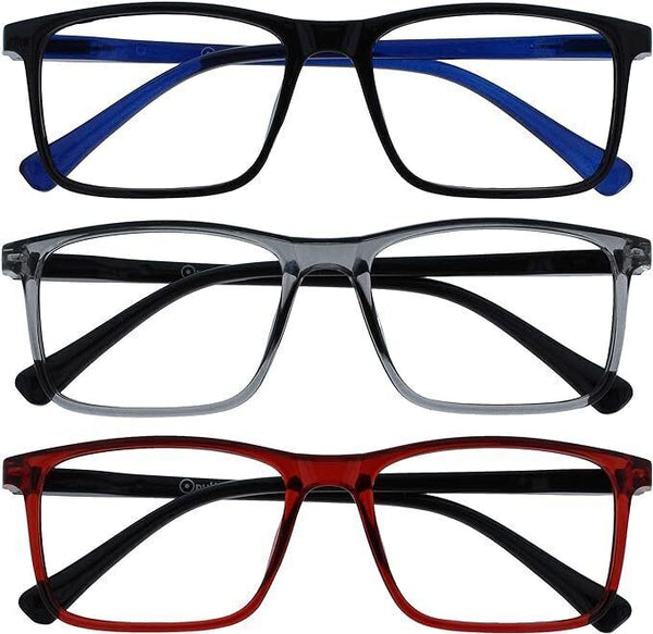Opulize Ink 3-Pack Reading Glasses - Large, Black/Grey/Red, Spring Hinges