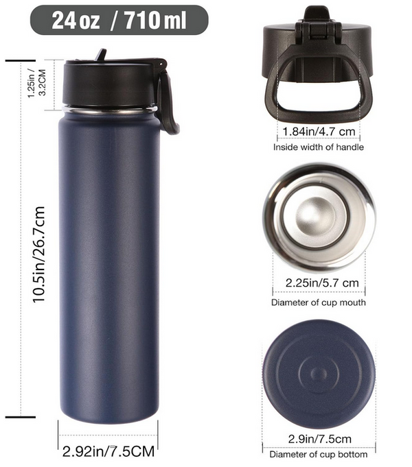  24oz Insulated Water Bottle with Straw Cap, Stainless Steel Thermos Volhoply 